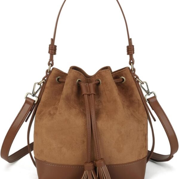 Faux Suede Bucket Bag with Drawstring and Tassel