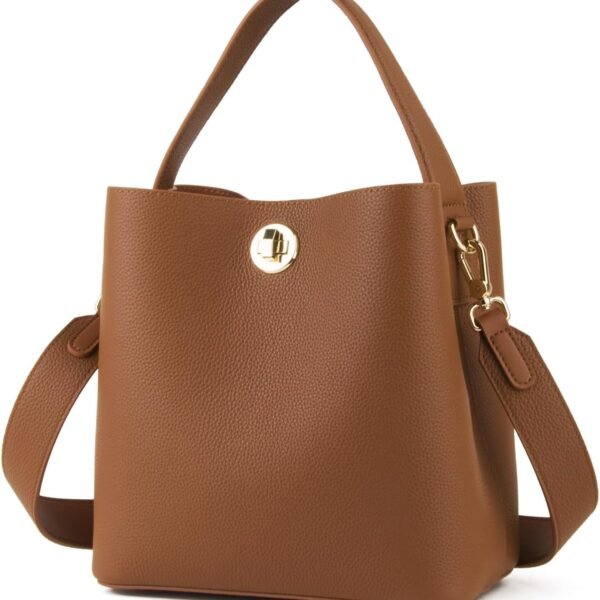 Cowhide Leather Bucket Bag with Zippered Compartment and Shoulder Strap