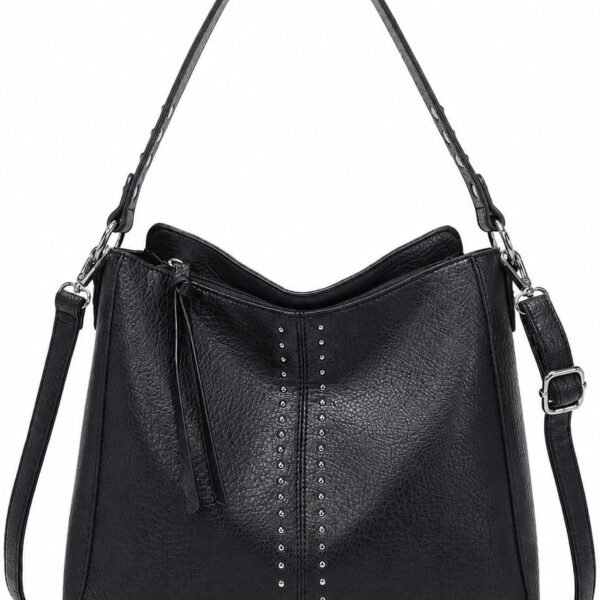 PU Leather Hobo Purse with Metal Studs and Detachable Strap