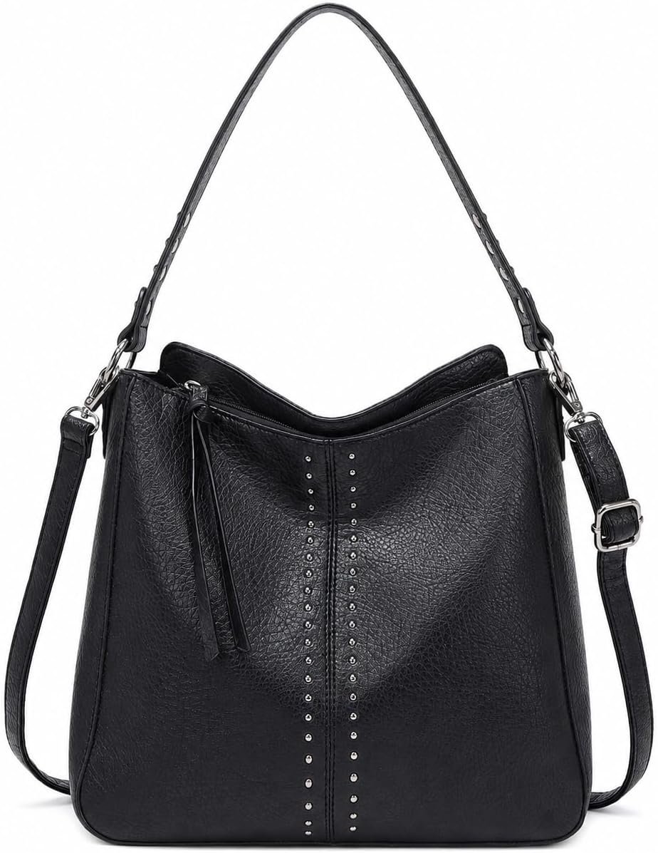 PU Leather Hobo Purse with Metal Studs and Detachable Strap