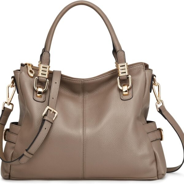 Cowhide Leather Handbag with Metal Rivets and Detachable Strap