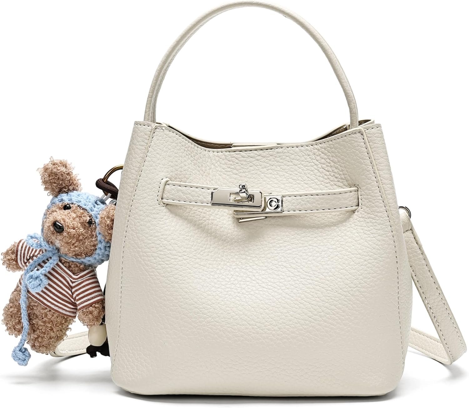 Pebbled Leather Bucket Bag with Metal Turn Lock and Top Handle