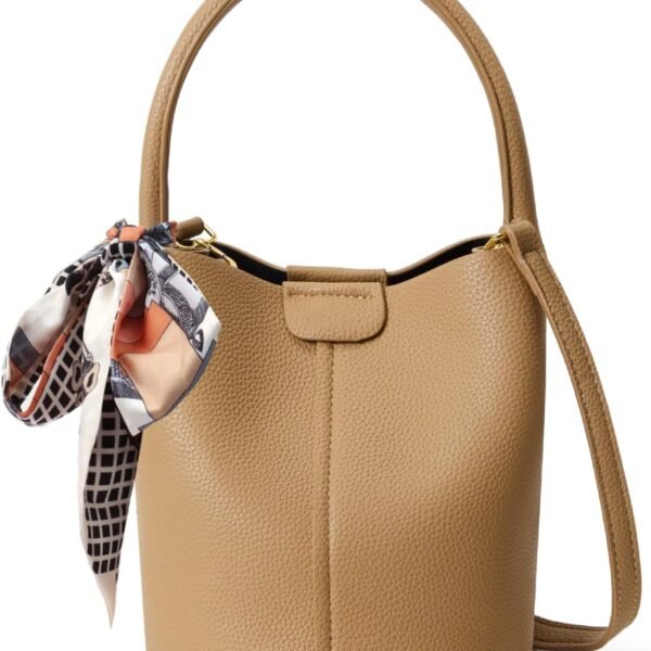 Premium Leather Bucket Bag with Silk Scarf and Removable Strap